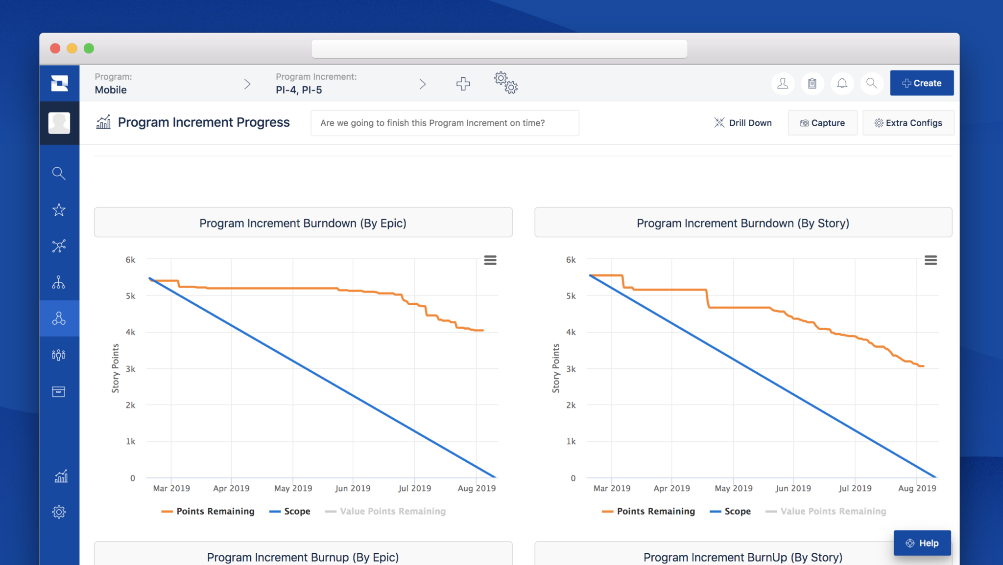 A summary of program progress in Jira Align's program reporting. It shows a series of collective burndown and burnup charts for the program's Epics and Stories.