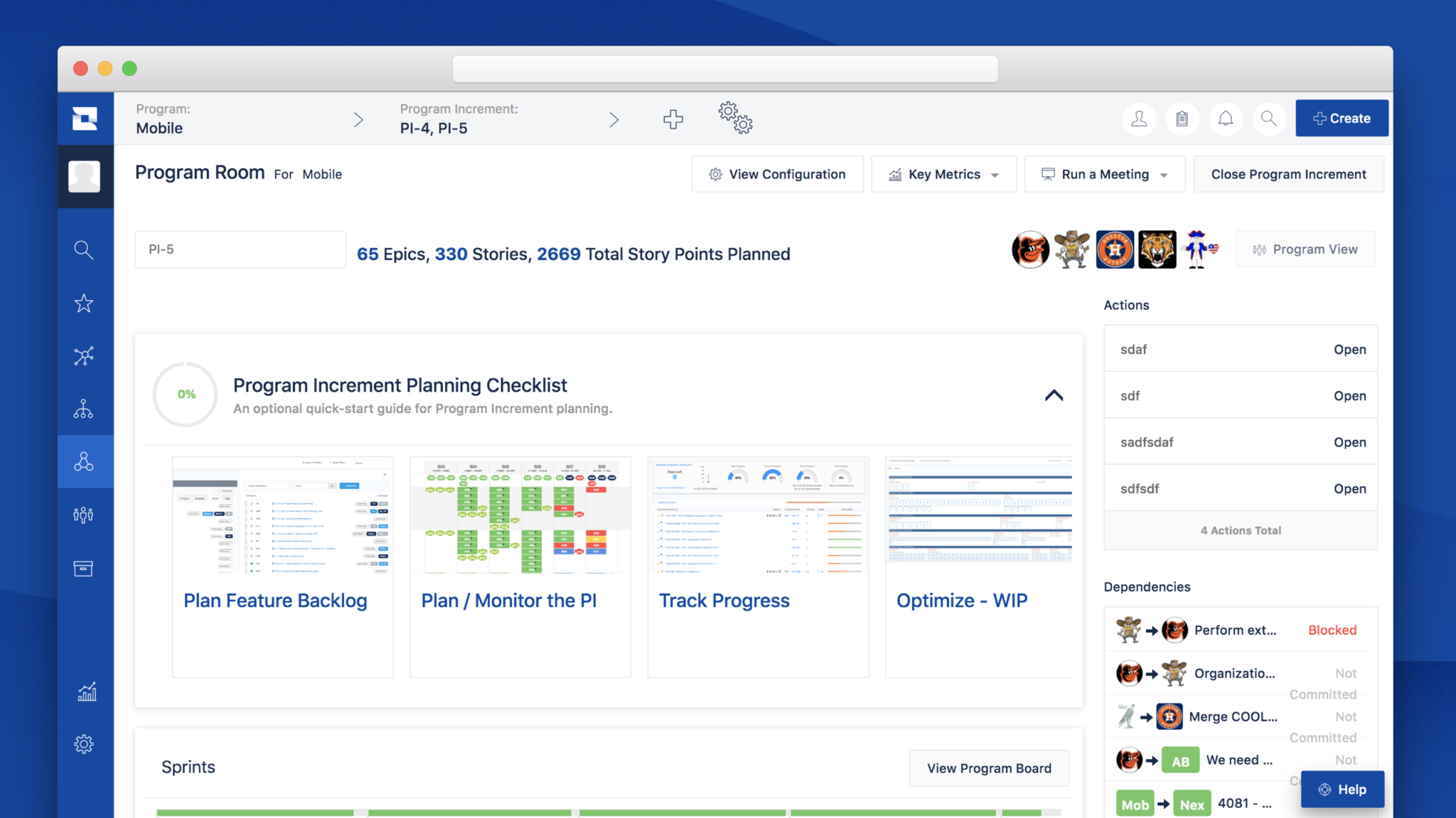 A summary overview of the program in Jira Align's Program Room. It shows a PI planning checklist and summary of epics, stories, and story points across the program for upcoming sprints.