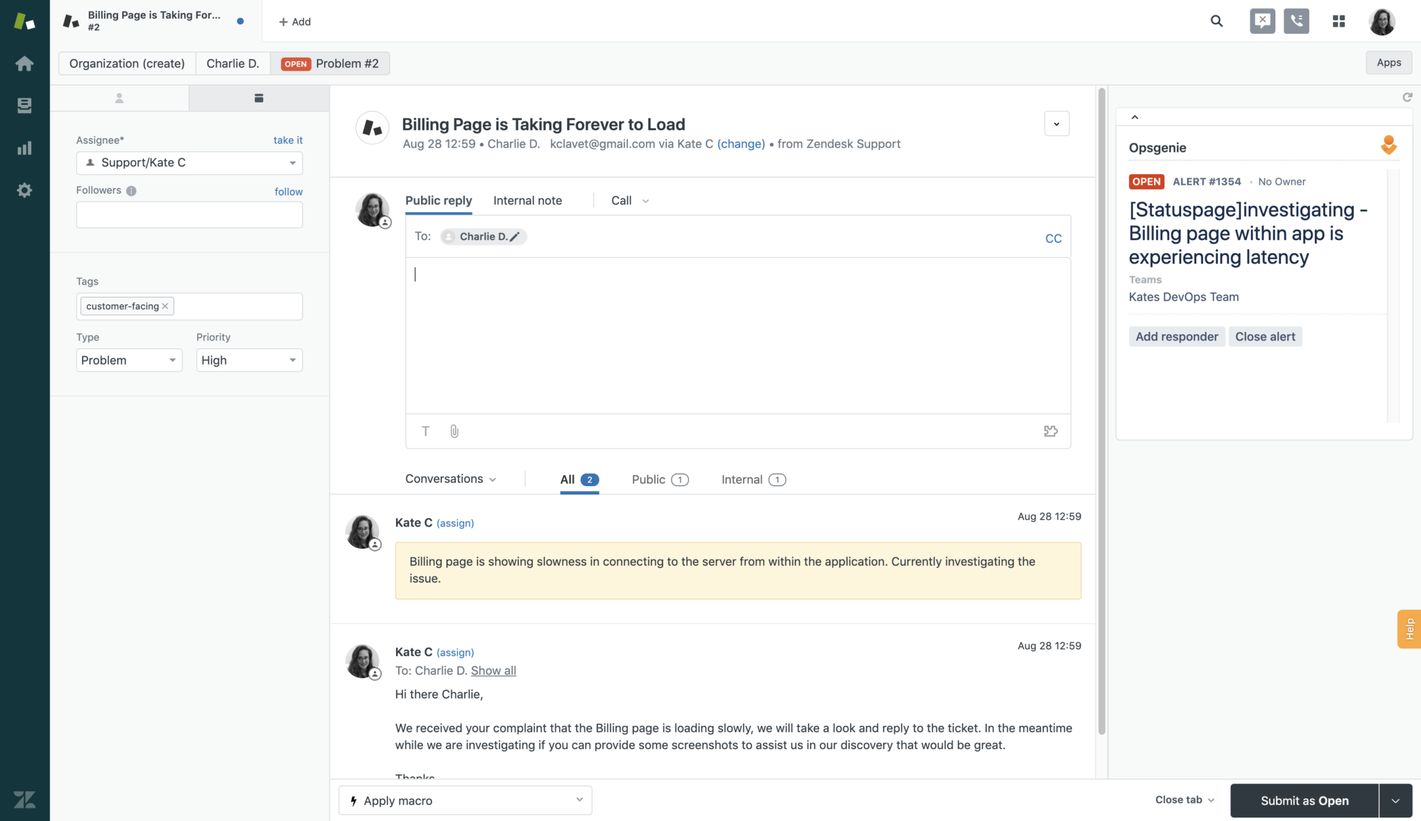 Use the Opsgenie app in Zendesk to manual create alerts directly from the Zendesk UI.