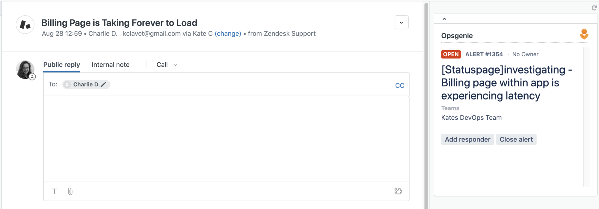Use the Opsgenie app in Zendesk to manual create alerts directly from the Zendesk UI.