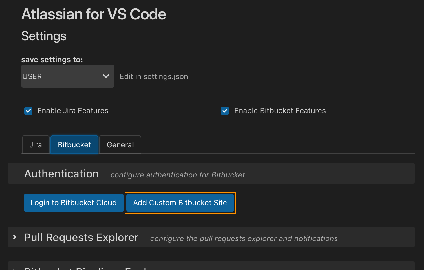 The Bitbucket settings screen inside VS Code