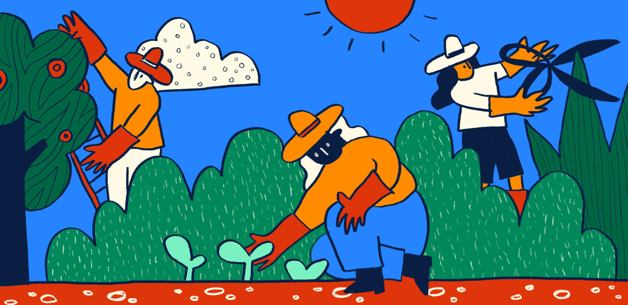 illustration of people tending plants in a garden