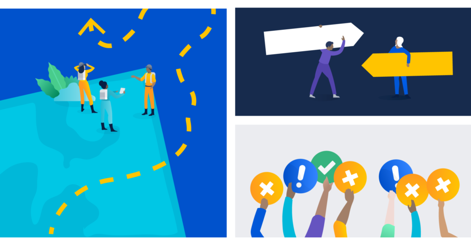 3-part illustration of people voting and people creating a map
