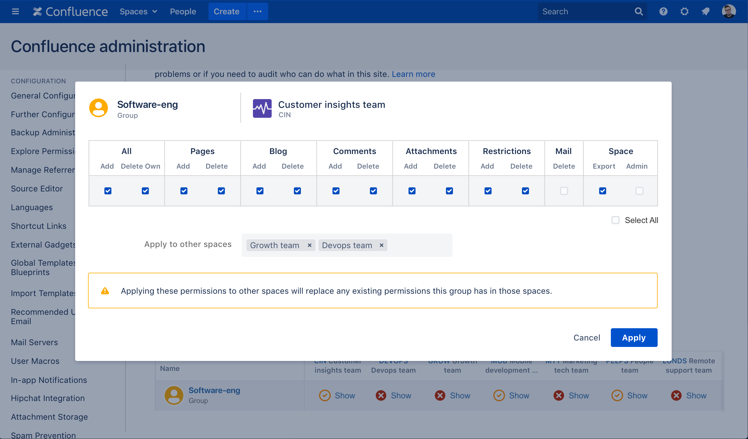 Bulk edit space permissions in Confluence Data Center