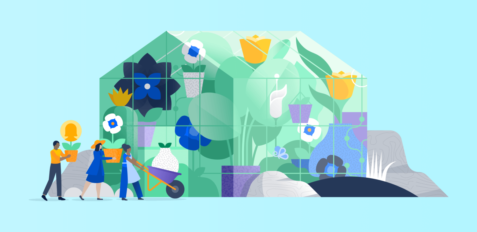illustration of people building a greenhouse with lots of flowers