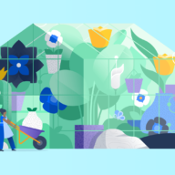 illustration of people building a greenhouse with lots of flowers