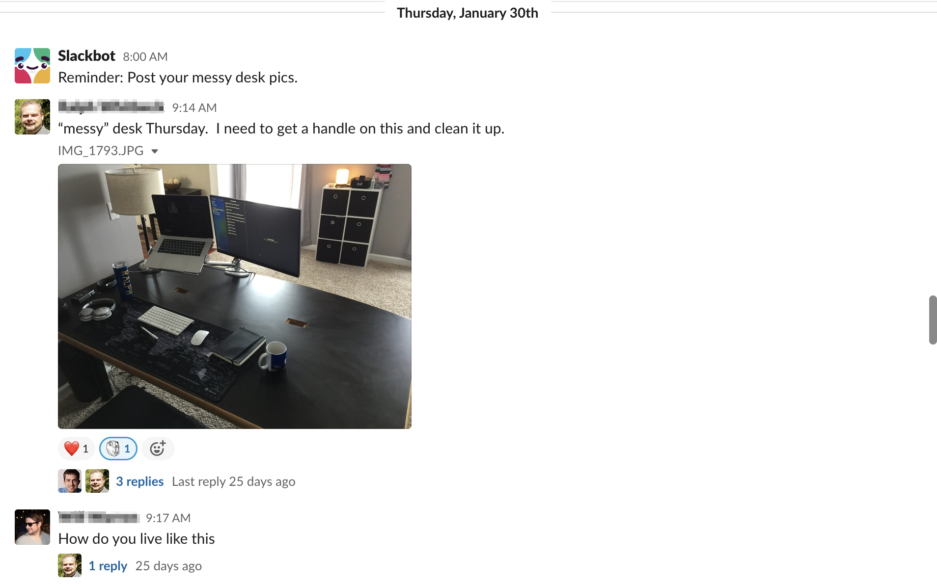 Screenshot of a conversation about messy desks in Slack