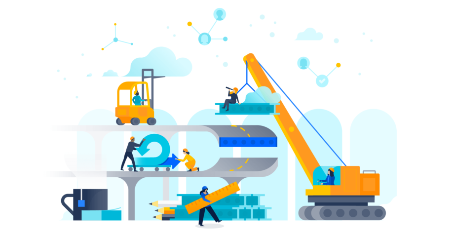 People and construction equipment, denoting the stages of team development