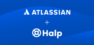 Atlassian and Halp logos on a blue background