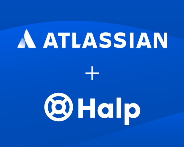 Atlassian and Halp logos on a blue background