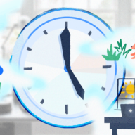 Illustration with a clock and a person who works from home performing various work and personal tasks.