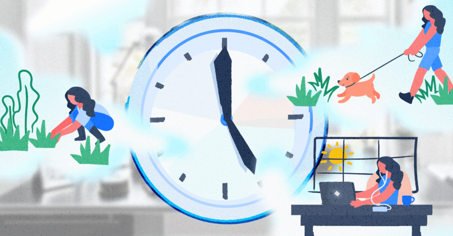 Illustration with a clock and a person who works from home performing various work and personal tasks.