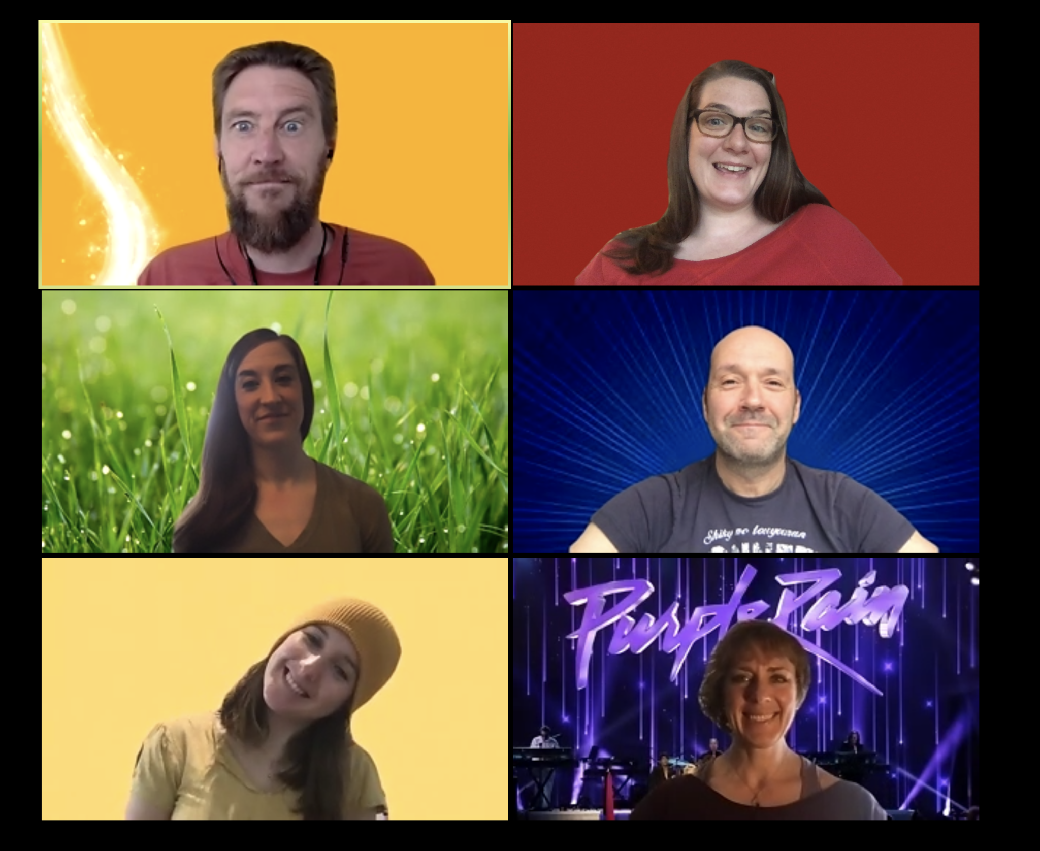 Screenshot of a team using rainbow-themed virtual backgrounds on a video call. 