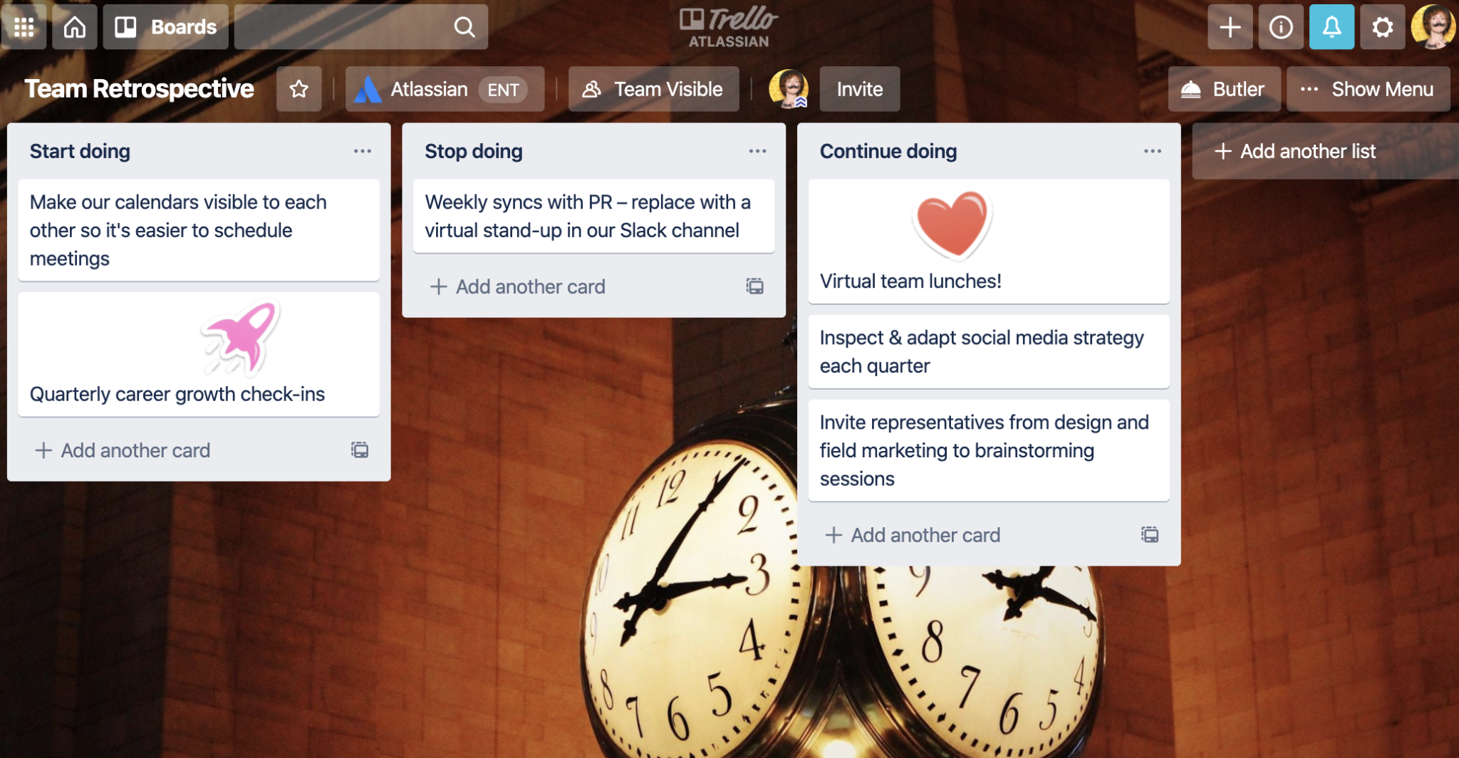 Example of a Trello board with lists for things to stop, start, and continue doing