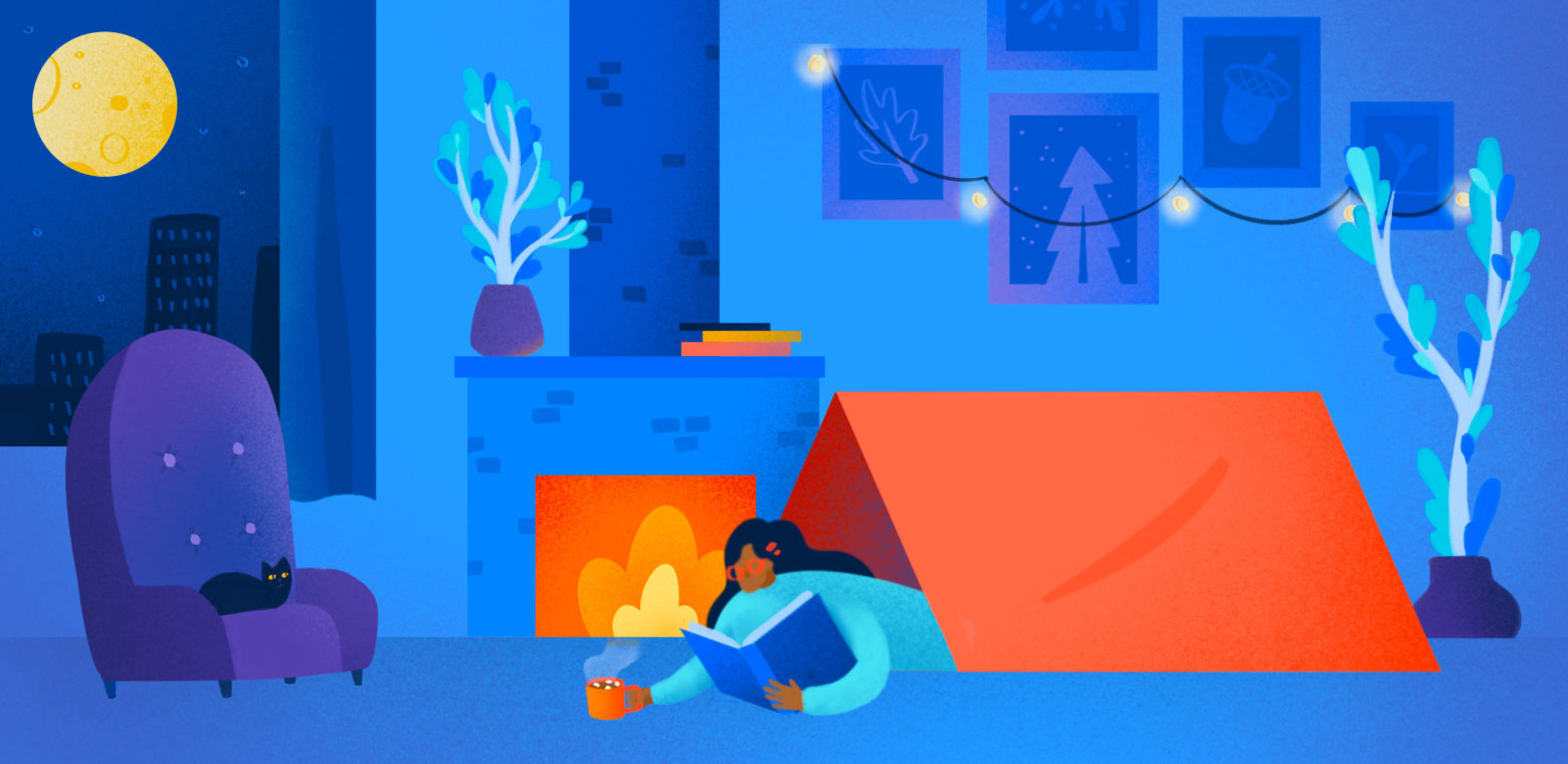 illustration of a person on staycation camping in their living room