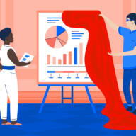 Illustration of a person unveiling a poster filled with charts and graphs