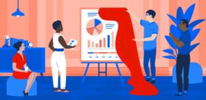 Illustration of a person unveiling a poster filled with charts and graphs