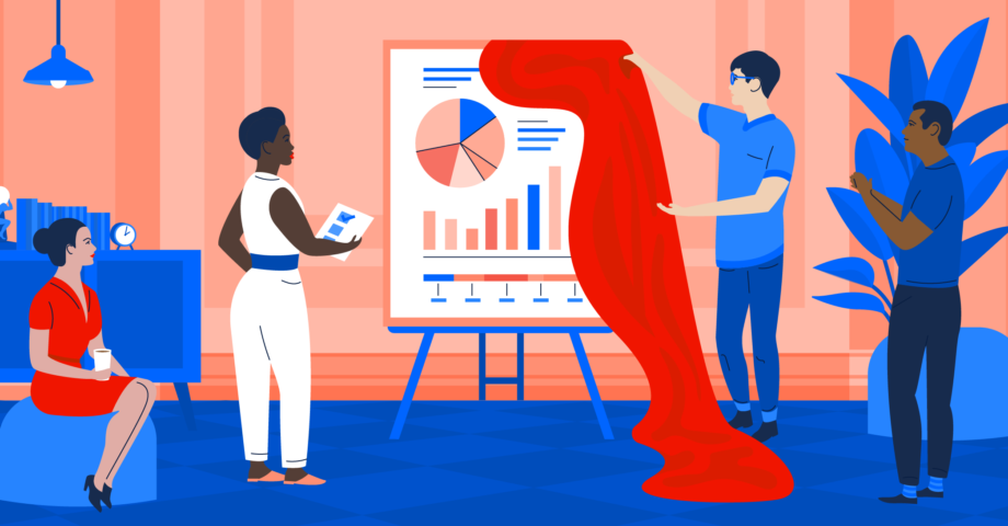 Illustration of a person unveiling a poster filled with charts and graphs