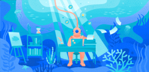 A deep sea diver working at a desk