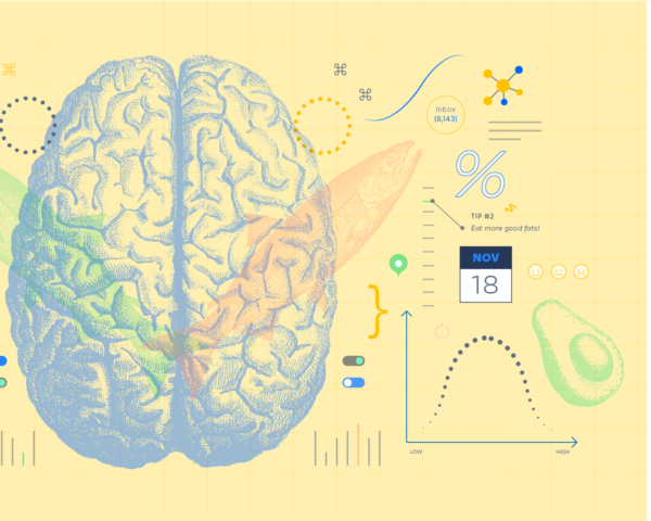 Illustration of a human brain overlaid with sine waves and graphs