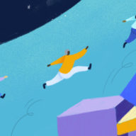 Illustration of people leaping over abstract shapes