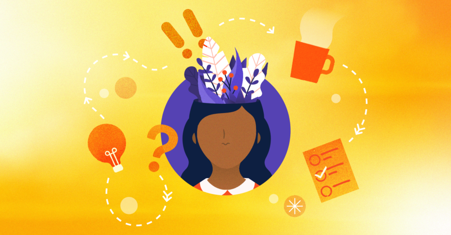 A person's head surrounded by disparate objects indicating conflicting priorities, signifying the mental health challenges of working from home