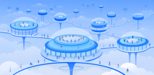 Illustration of pod-like buildings with pathways in between