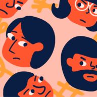 Illustration with sour-looking faces on a solid background