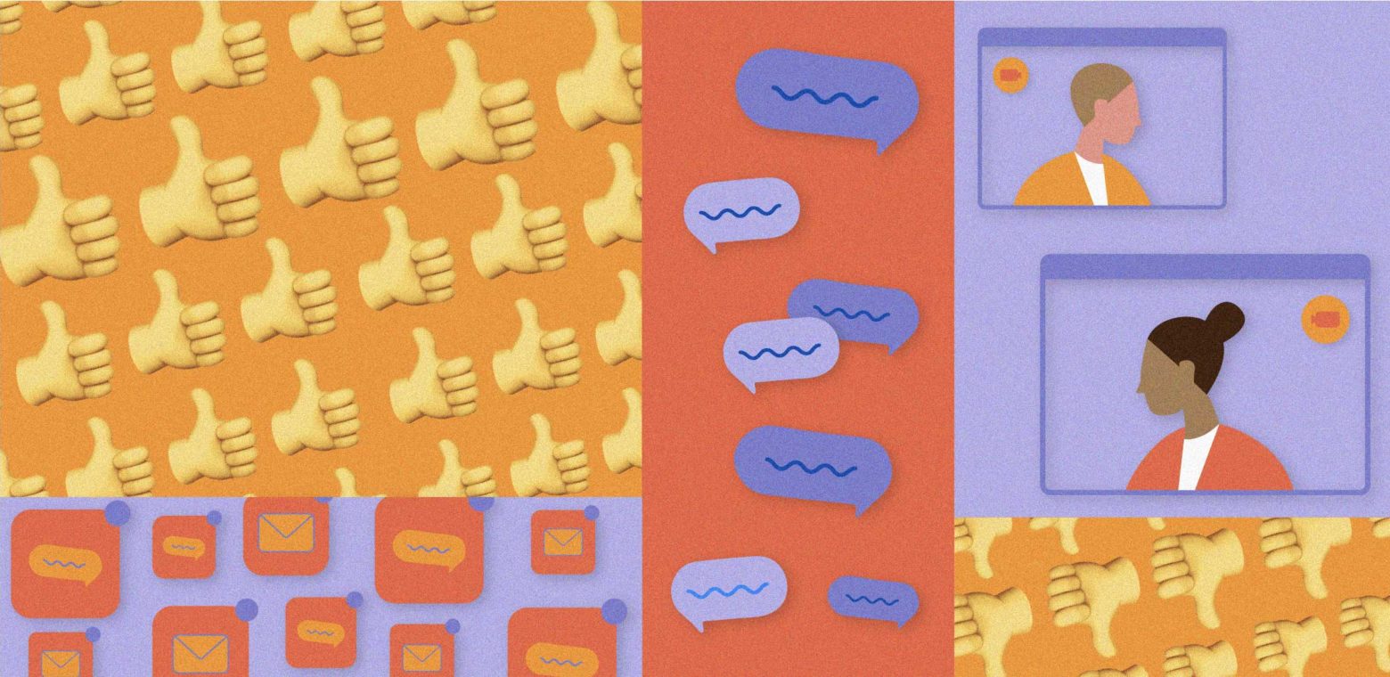 Abstract illustration including "thumbs-up" emojis and people appearing on a video call.