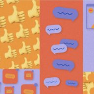 Abstract illustration including "thumbs-up" emojis and people appearing on a video call.