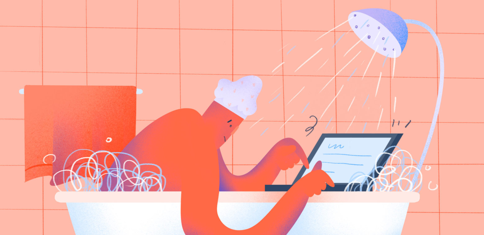 Illustration of a man trying to work on his laptop while sitting in the bath