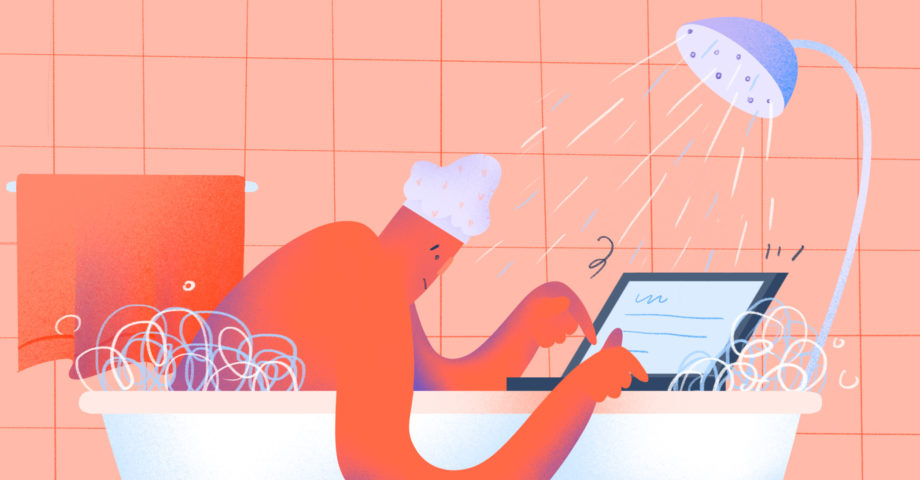 Illustration of a man trying to work on his laptop while sitting in the bath