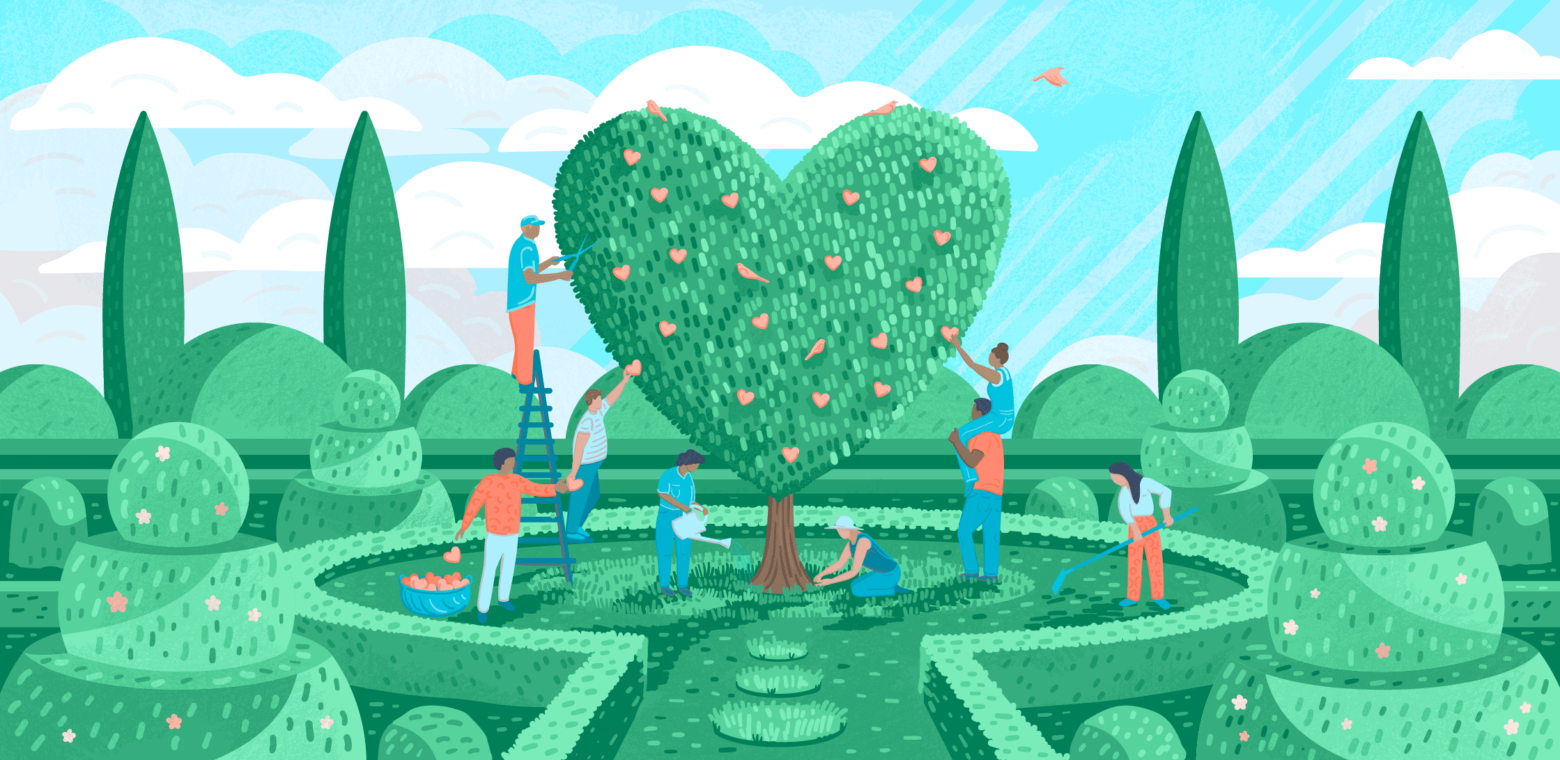 Illustration of people working together to create a heart-shaped topiary tree in a garden setting.