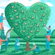 A team cultivating a tree, in the shape of a heart.