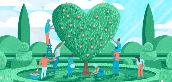 A team cultivating a tree, in the shape of a heart.