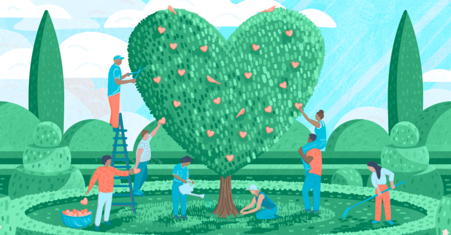 A team cultivating a tree, in the shape of a heart.