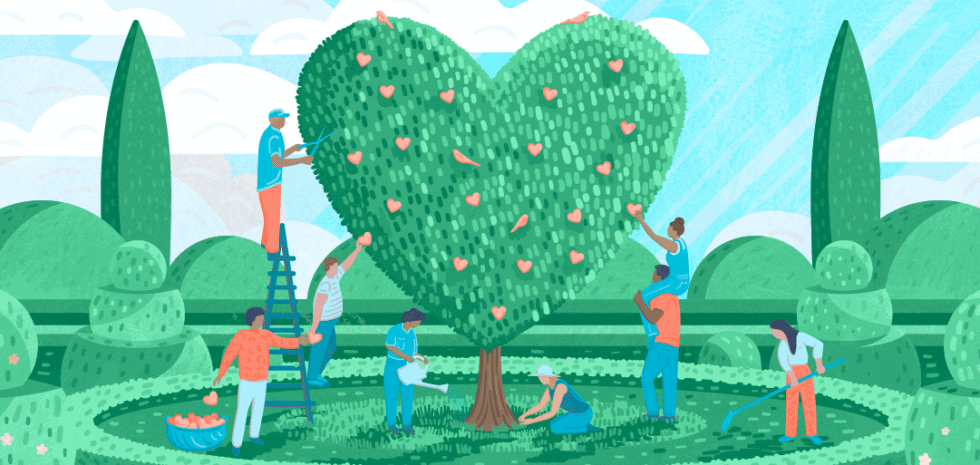 A team cultivating a tree, in the shape of a heart.