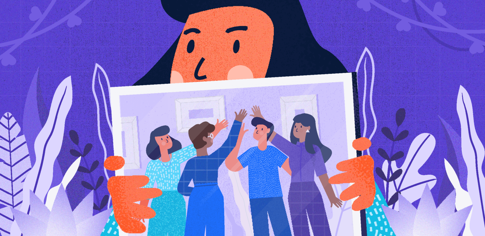 Illustration of a woman holding up a picture of her team