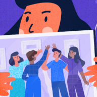 Illustration of a woman holding up a picture of her team