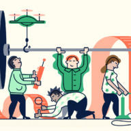 Illustration of a group of people working together to lift a heavy weight