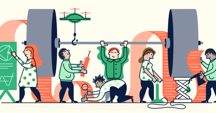 Illustration of a group of people working together to lift a heavy weight