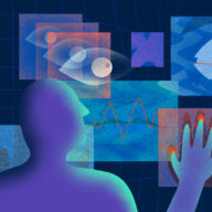 Illustration of a person interacting with several touch screens