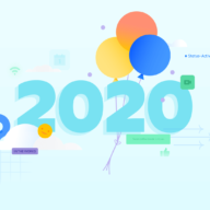 2020, flanked by balloons and confetti