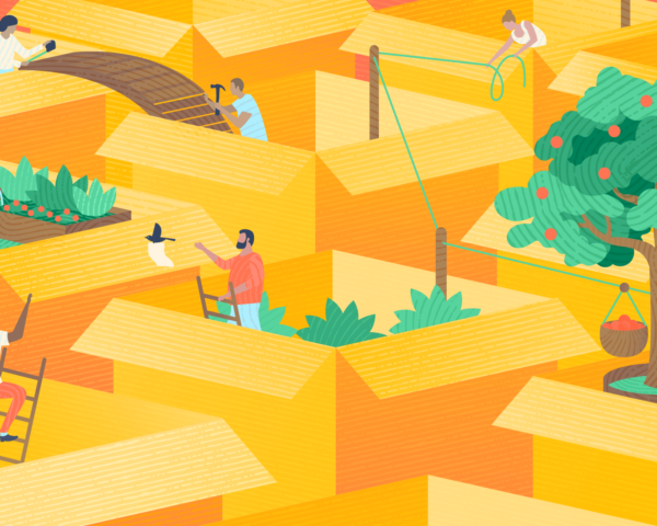 Illustration of people collaborating to cultivate plants, build bridges, and communicate