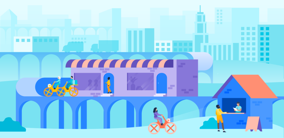 Illustration of teammates biking up a hill with a city skyline in the background