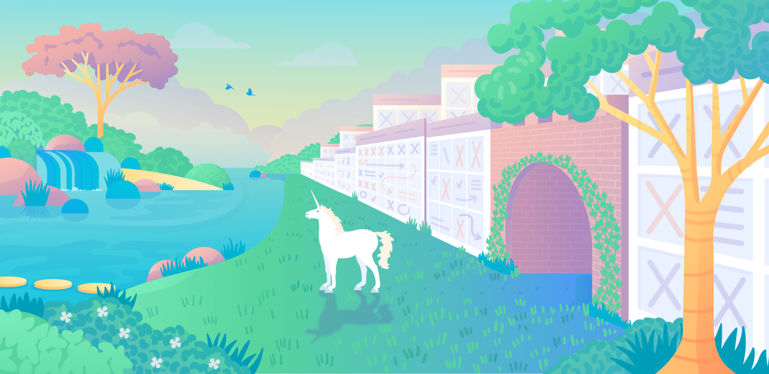 Illustration of a unicorn stepping out from a wall of calendars into a green field