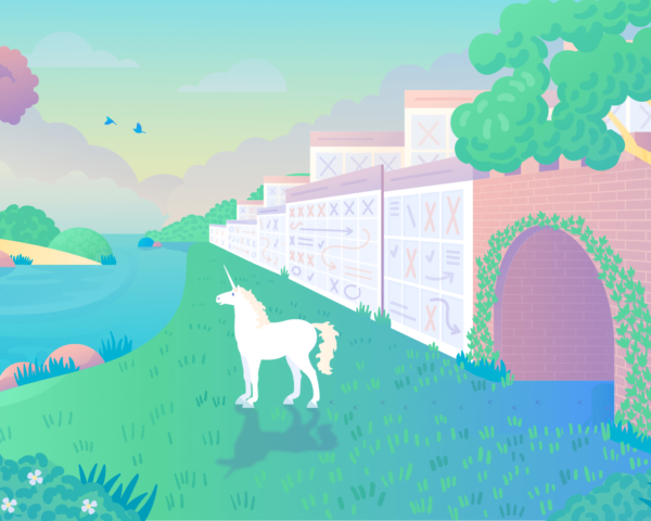 Illustration of a unicorn stepping out from a wall of calendars into a green field