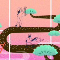 Illustration of people pruning a larger-than-life bonsai tree