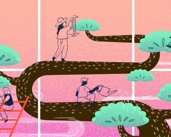 Illustration of people pruning a larger-than-life bonsai tree