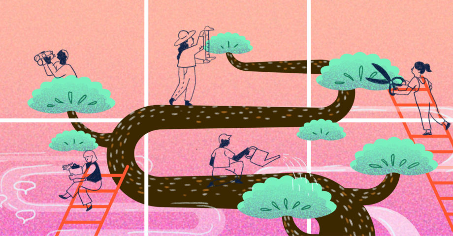 Illustration of people pruning a larger-than-life bonsai tree